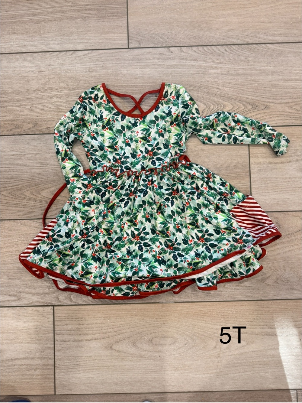 cheeky plum Green Holly Print Twirl Dress with Red Trim